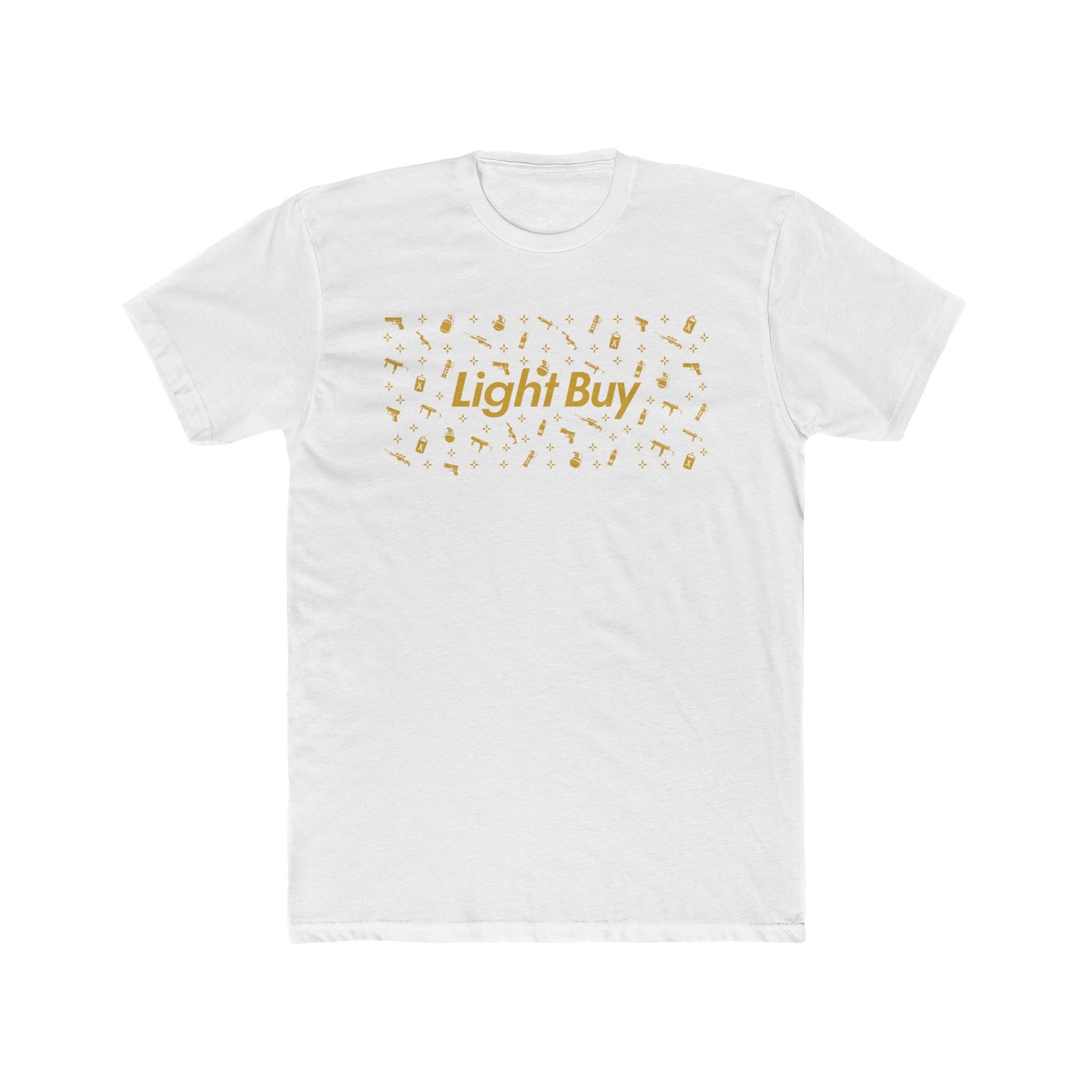 Light Buy Tee — Gold Confetti Graphic Cotton T‑Shirt