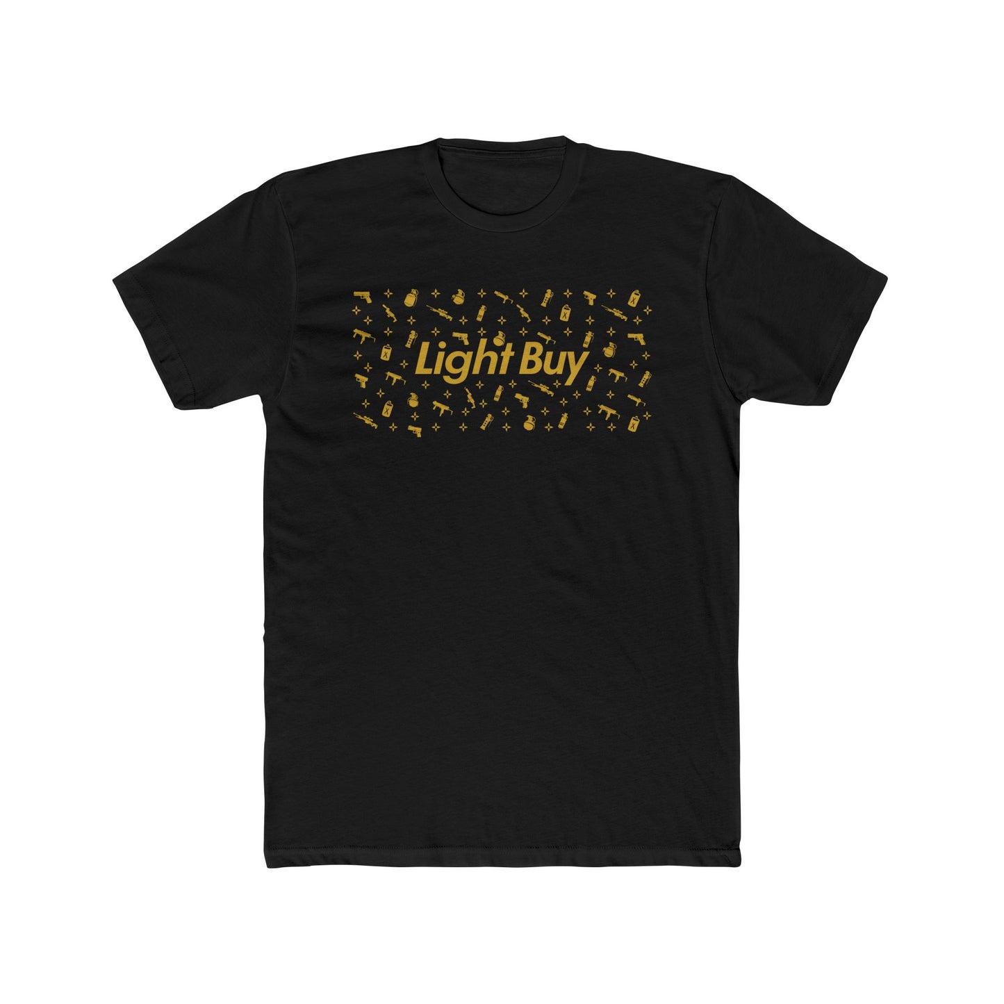 Light Buy Tee — Gold Confetti Graphic Cotton T‑Shirt