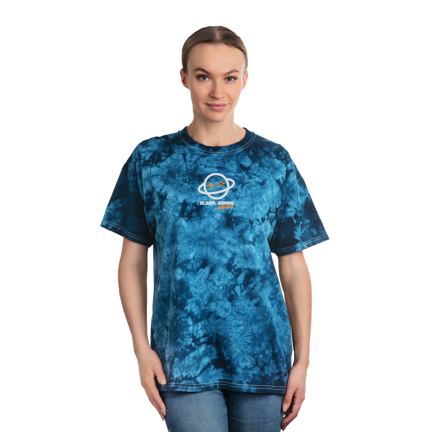 Tie-Dye Tee — "Global Gaming Network" Crystal Blue Graphic T-Shirt